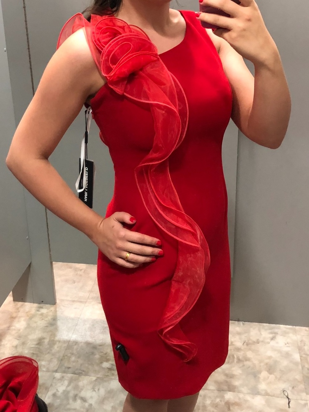 Karl Lagerfeld Red One-Shoulder Ruffle Sheath Dress